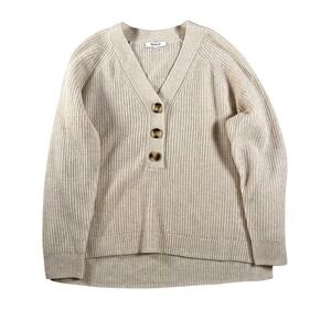 Madewell Womens Cream Ribbed V Neck Lyle Henley Merino Wool Blend Sweater Size M